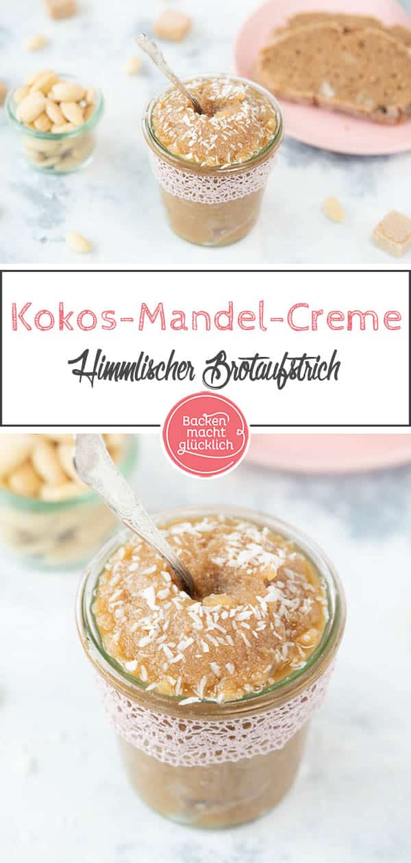 Mandel-Kokos-Creme mit weißer Schokolade: Diese Schokoladencreme im Glas ist ein himmlischer Brotaufstrich und besonderes Geschenk aus der Küche. Die Kokos-Mandel-Creme schmeckt absolut verführerisch!