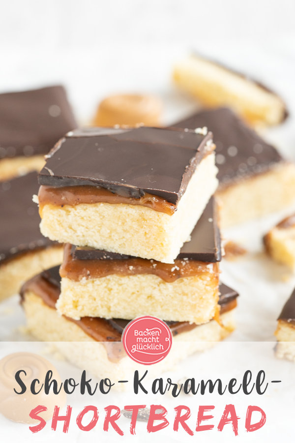 Schoko-Karamell-Shortbread, das sind drei Schichten voller Genuss. Das Millionaires Shortbread aus buttrigem Boden, sahniger Karamellmasse und Schokoladen-Topping ist einfach himmlisch!