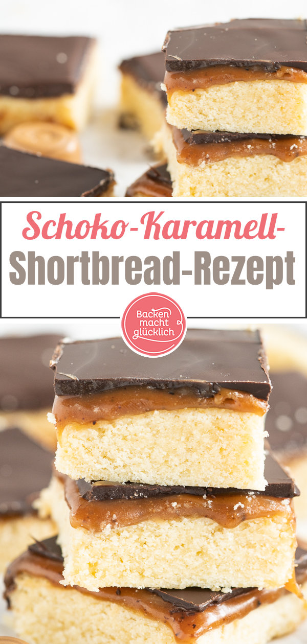 Schoko-Karamell-Shortbread, das sind drei Schichten voller Genuss. Das Millionaires Shortbread aus buttrigem Boden, sahniger Karamellmasse und Schokoladen-Topping ist einfach himmlisch!