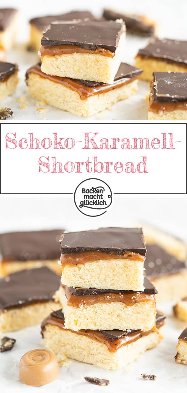 Schoko-Karamell-Shortbread, das sind drei Schichten voller Genuss. Das Millionaires Shortbread aus buttrigem Boden, sahniger Karamellmasse und Schokoladen-Topping ist einfach himmlisch!