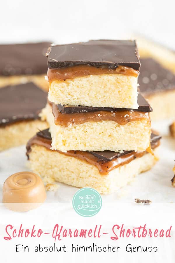 Schoko-Karamell-Shortbread, das sind drei Schichten voller Genuss. Das Millionaires Shortbread aus buttrigem Boden, sahniger Karamellmasse und Schokoladen-Topping ist einfach himmlisch!