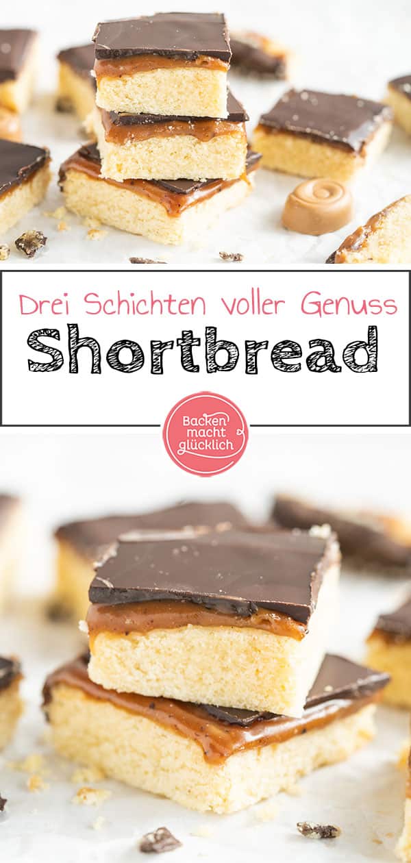 Schoko-Karamell-Shortbread, das sind drei Schichten voller Genuss. Das Millionaires Shortbread aus buttrigem Boden, sahniger Karamellmasse und Schokoladen-Topping ist einfach himmlisch!