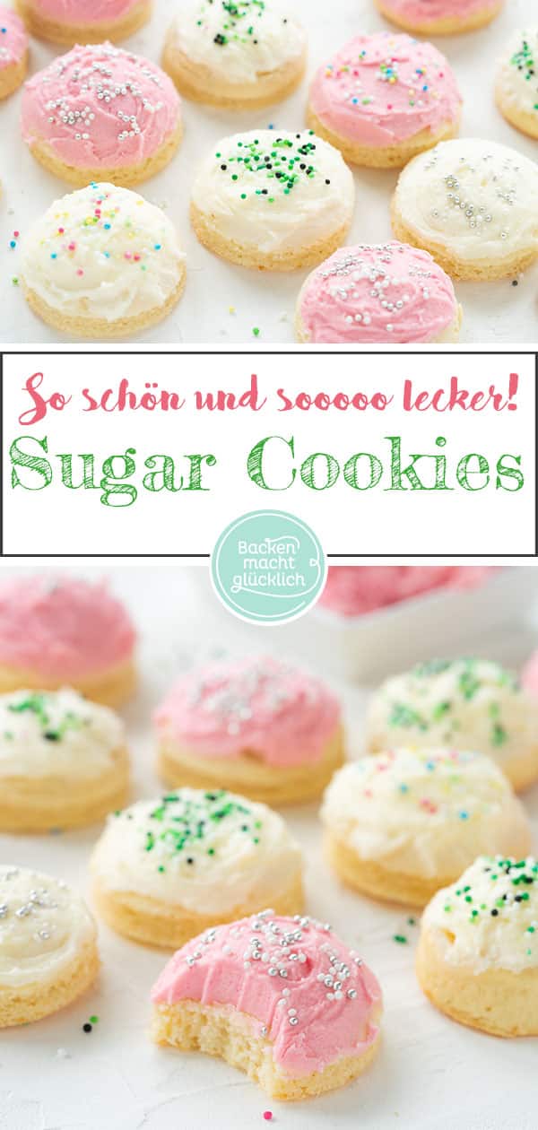 Sugar Cookies sind herrlich softe amerikanische Plätzchen mit üppigem Frosting. Diese bunt verzierten Yogurt Sugar Cookies sind ein echter Hingucker!