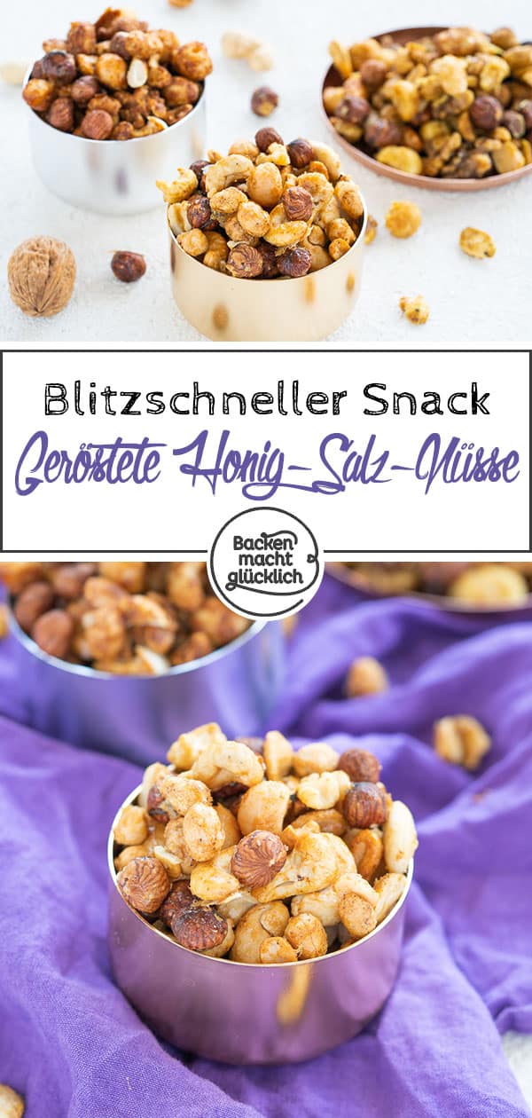 Dieser Snack macht regelrecht süchtig: Köstliche Honig-Salz-Nüsse zum Knabbern, die nicht nur einfach, sondern auch sehr schnell zubereitet sind. Die selbstgemachten gerösteten Nüsse sind der perfekte Snack für jeden Fernsehabend.