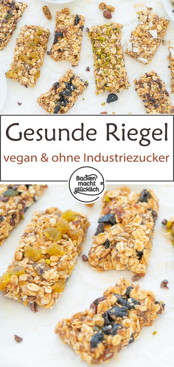 Veganes Müsliriegel-Rezept ohne Zucker (Industriezucker): Die perfekten gesunden Müsliriegel ohne Backen, schmecken Kindern und Erwachsenen. Die selbstgemachten Riegel sind in nur 10 Minuten zubereitet.