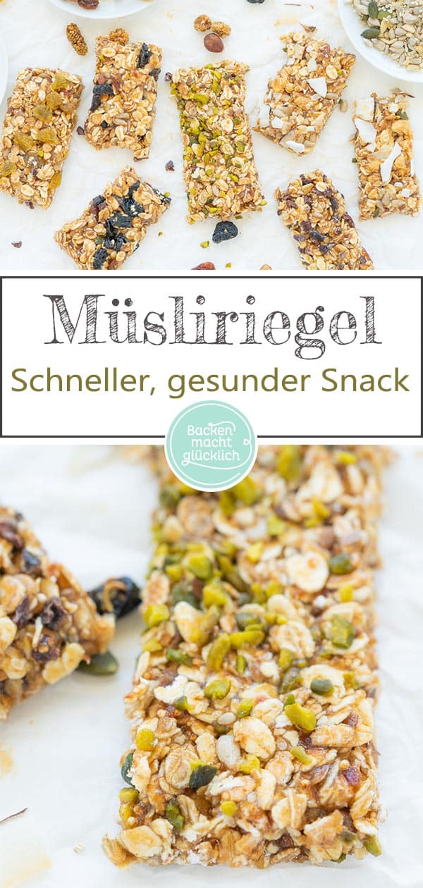 Veganes Müsliriegel-Rezept ohne Zucker (Industriezucker): Die perfekten gesunden Müsliriegel ohne Backen, schmecken Kindern und Erwachsenen. Die selbstgemachten Riegel sind in nur 10 Minuten zubereitet.