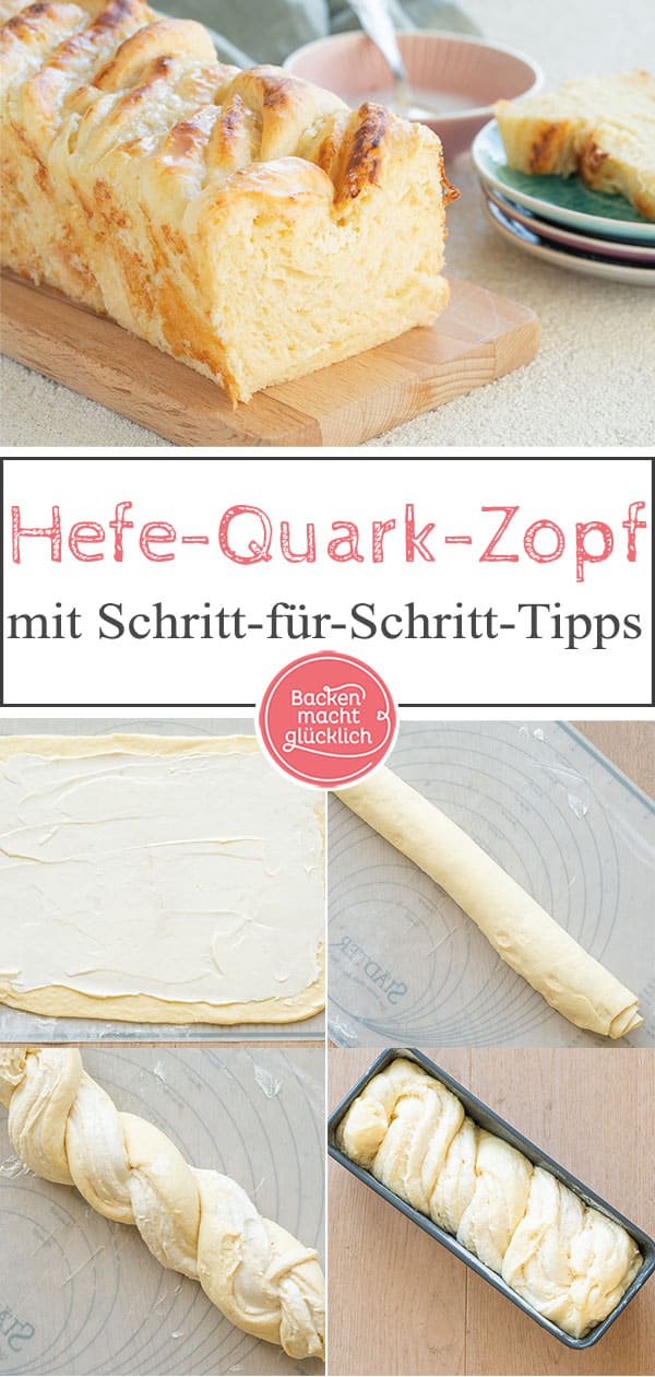 Wunderbar wattiger und fluffiger Hefe-Quark-Zopf, der auch unter dem Namen "Kaffeekuchen" bekannt ist. Selbstgemacht schmeckt der geniale Hefezopf mit Quark-Füllung aber natürlich viel besser als fertig gekauft aus dem Supermarkt