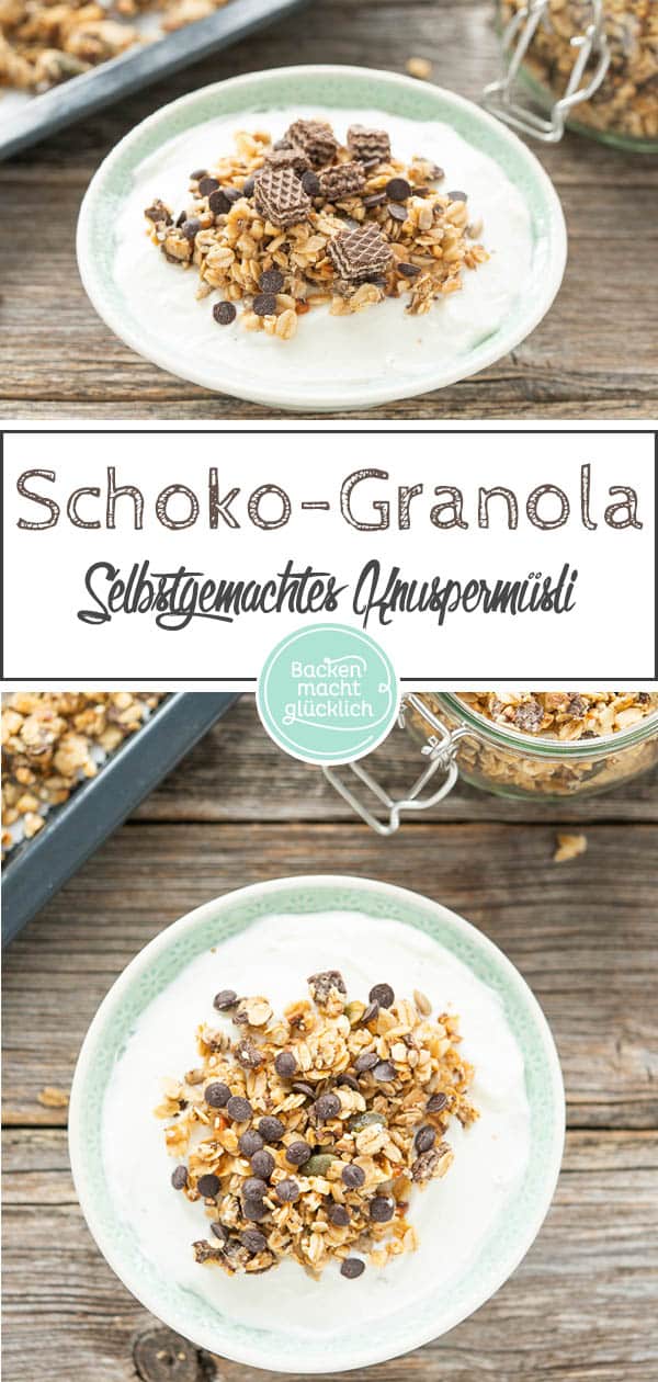 Selbstgemachtes Schoko-Nuss-Granola. Für dieses wunderbar crunchy Schokoladen-Knuspermüsli aus dem Ofen stehen selbst Morgenmuffel gerne auf!