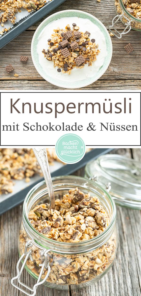 Selbstgemachtes Schoko-Nuss-Granola. Für dieses wunderbar crunchy Schokoladen-Knuspermüsli aus dem Ofen stehen selbst Morgenmuffel gerne auf!