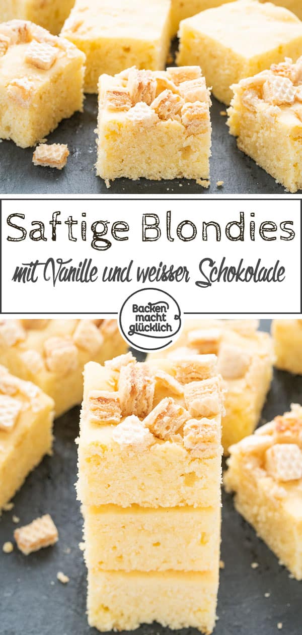 Weiße Schokolade Blondies sind so etwas wie die hellen Geschwister klassischer Brownies. Zusammen mit einem leicht knusprigen Waffeltopping ergeben sie himmlische Kuchenhappen! Das Blondie-Rezept ist einfach und schnell gemacht.