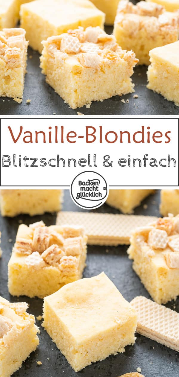 Weiße Schokolade Blondies sind so etwas wie die hellen Geschwister klassischer Brownies. Zusammen mit einem leicht knusprigen Waffeltopping ergeben sie himmlische Kuchenhappen! Das Blondie-Rezept ist einfach und schnell gemacht.