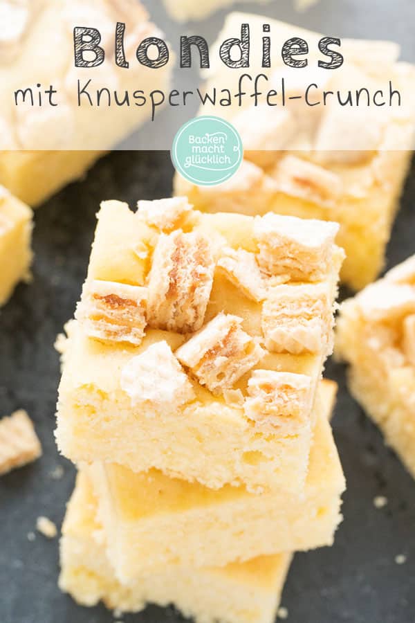 Weiße Schokolade Blondies sind so etwas wie die hellen Geschwister klassischer Brownies. Zusammen mit einem leicht knusprigen Waffeltopping ergeben sie himmlische Kuchenhappen! Das Blondie-Rezept ist einfach und schnell gemacht.