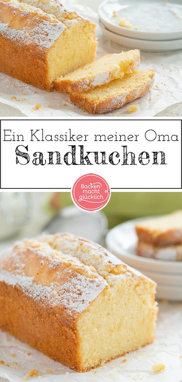 Omas Sandkuchen ist zwar super simpel, aber dafür ist Sandkuchen immer wieder lecker. Dieses Rezept für klassischen Sandkuchen ergibt eine garantiert nicht trockene Variante des traditionellen Rührkuchens!