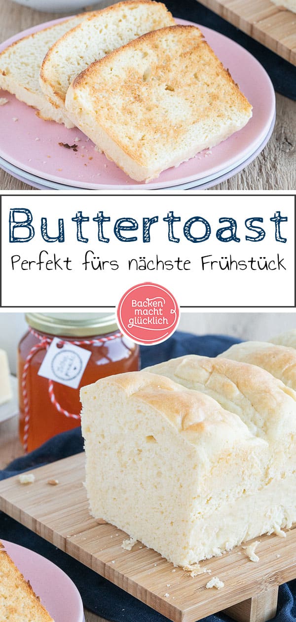 Einfaches, schnelles Rezept für leckeren Butter-Toast. Das Toastbrot kann eher neutral oder süß sowie mit Weizen- oder Dinkelmehl gebacken werden. Das selbstgemachte Toastbrot wird herrlich buttrig und knusprig.