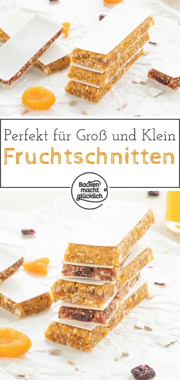 Diese leckeren Fruchtschnitten bestehen aus nur 3 Zutaten. Die einfachen Fruchtriegel sind super fix gemacht, gesund und vegan. Die Fruchtriegel sind perfekt für Klein und Groß!