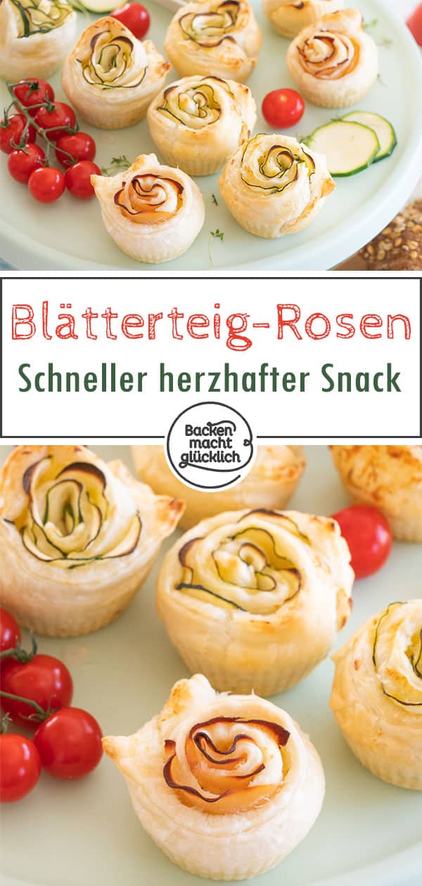 Schnelle pikante Rosenmuffins aus Blätterteig, Frischkäse, Zucchini bzw. Schinken. Die herzhaften Rosen-Muffins sind toll als Snack und zum Brunchen! Pluspunkt: Für die deftigen Blätterteigrosen benötigt ihr nur 3 Zutaten!