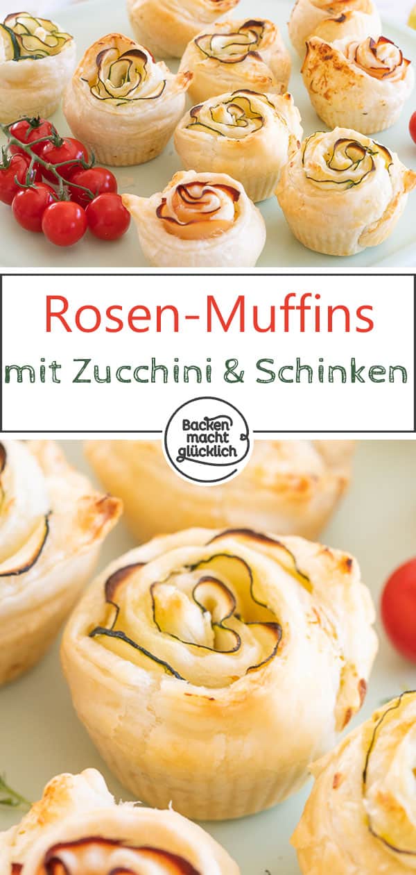 Schnelle pikante Rosenmuffins aus Blätterteig, Frischkäse, Zucchini bzw. Schinken. Die herzhaften Rosen-Muffins sind toll als Snack und zum Brunchen! Pluspunkt: Für die deftigen Blätterteigrosen benötigt ihr nur 3 Zutaten!