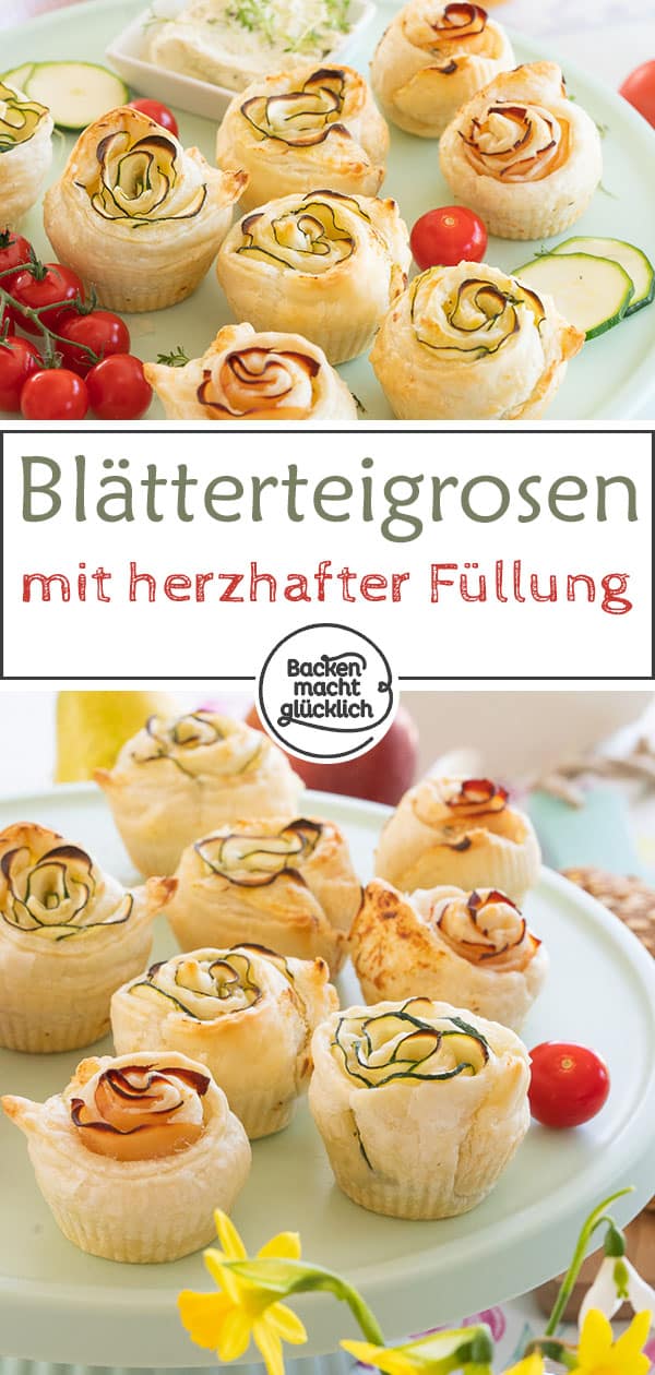 Schnelle pikante Rosenmuffins aus Blätterteig, Frischkäse, Zucchini bzw. Schinken. Die herzhaften Rosen-Muffins sind toll als Snack und zum Brunchen! Pluspunkt: Für die deftigen Blätterteigrosen benötigt ihr nur 3 Zutaten!