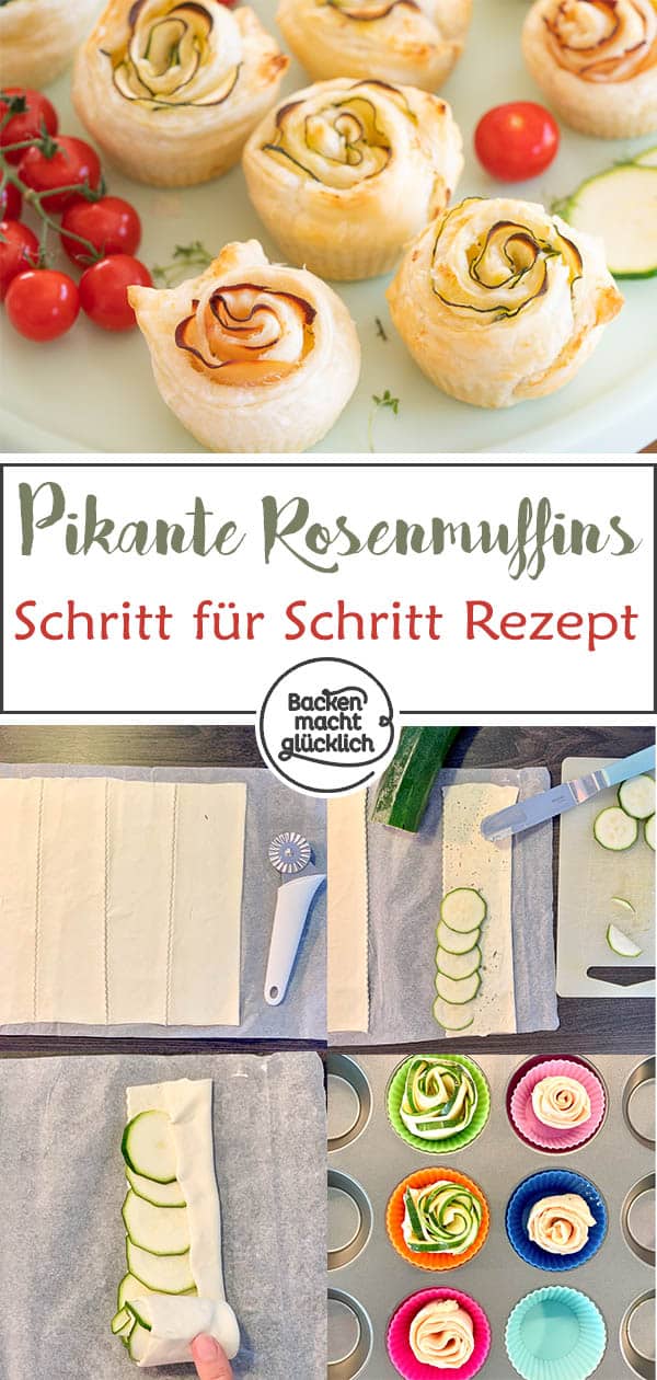 Schnelle pikante Rosenmuffins aus Blätterteig, Frischkäse, Zucchini bzw. Schinken. Die herzhaften Rosen-Muffins sind toll als Snack und zum Brunchen! Pluspunkt: Für die deftigen Blätterteigrosen benötigt ihr nur 3 Zutaten!