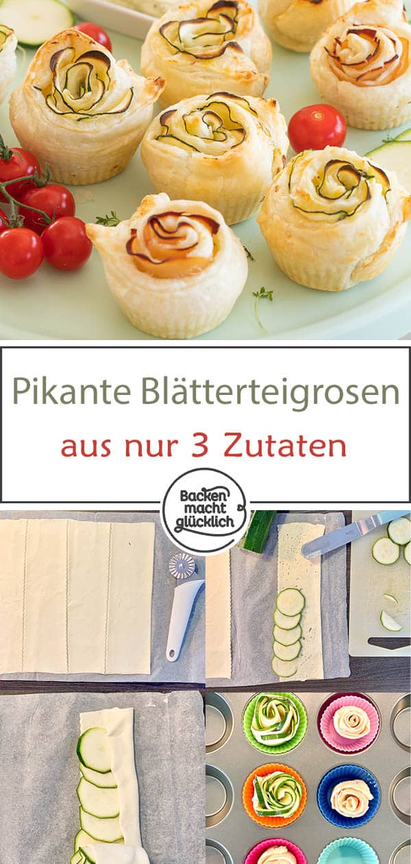 Schnelle pikante Rosenmuffins aus Blätterteig, Frischkäse, Zucchini bzw. Schinken. Die herzhaften Rosen-Muffins sind toll als Snack und zum Brunchen! Pluspunkt: Für die deftigen Blätterteigrosen benötigt ihr nur 3 Zutaten!