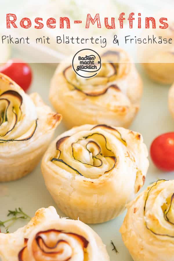 Schnelle pikante Rosenmuffins aus Blätterteig, Frischkäse, Zucchini bzw. Schinken. Die herzhaften Rosen-Muffins sind toll als Snack und zum Brunchen! Pluspunkt: Für die deftigen Blätterteigrosen benötigt ihr nur 3 Zutaten!