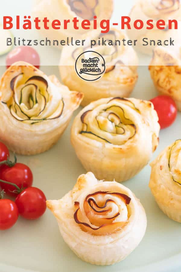 Schnelle pikante Rosenmuffins aus Blätterteig, Frischkäse, Zucchini bzw. Schinken. Die herzhaften Rosen-Muffins sind toll als Snack und zum Brunchen! Pluspunkt: Für die deftigen Blätterteigrosen benötigt ihr nur 3 Zutaten!