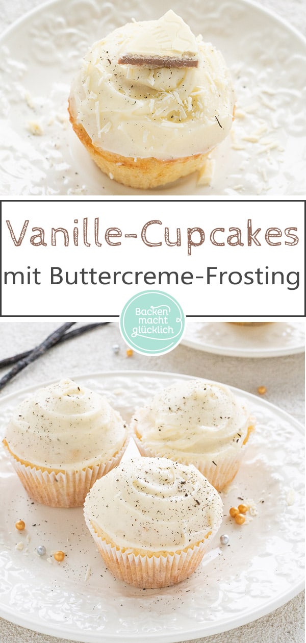 Saftige und fluffige Vanille-Cupcakes mit einem Frosting aus verführerischer Vanille-Buttercreme: Diese edlen Törtchen sind perfekt für besondere Anlässe! Toll zum Beispiel als Hochzeits-Cupcakes oder für Geburtstage