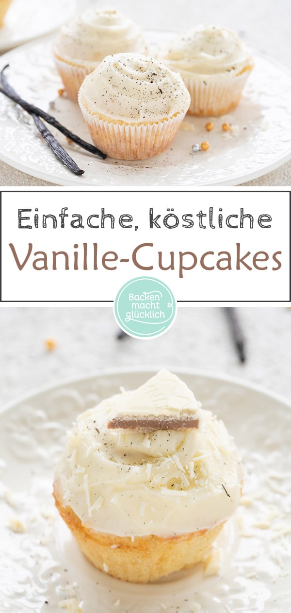 Saftige und fluffige Vanille-Cupcakes mit einem Frosting aus verführerischer Vanille-Buttercreme: Diese edlen Törtchen sind perfekt für besondere Anlässe! Toll zum Beispiel als Hochzeits-Cupcakes oder für Geburtstage