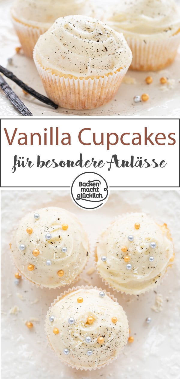 Saftige und fluffige Vanille-Cupcakes mit einem Frosting aus verführerischer Vanille-Buttercreme: Diese edlen Törtchen sind perfekt für besondere Anlässe! Toll zum Beispiel als Hochzeits-Cupcakes oder für Geburtstage