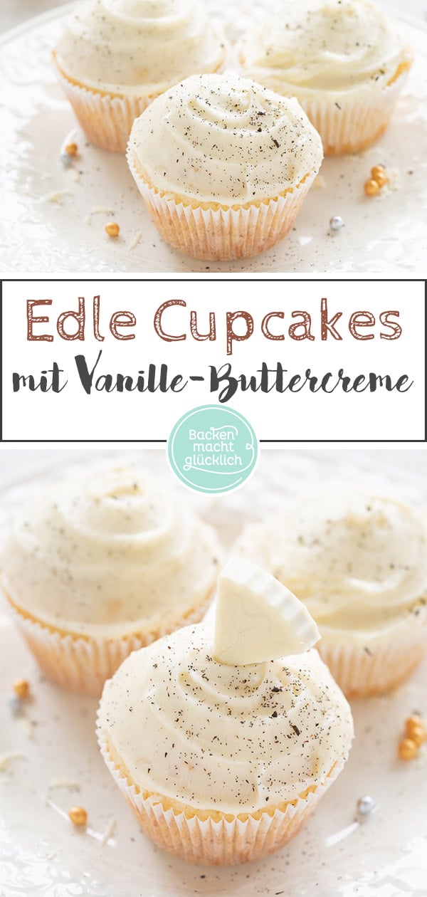 Saftige und fluffige Vanille-Cupcakes mit einem Frosting aus verführerischer Vanille-Buttercreme: Diese edlen Törtchen sind perfekt für besondere Anlässe! Toll zum Beispiel als Hochzeits-Cupcakes oder für Geburtstage