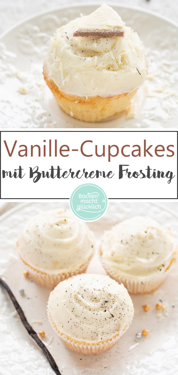 Saftige und fluffige Vanille-Cupcakes mit einem Frosting aus verführerischer Vanille-Buttercreme: Diese edlen Törtchen sind perfekt für besondere Anlässe! Toll zum Beispiel als Hochzeits-Cupcakes oder für Geburtstage