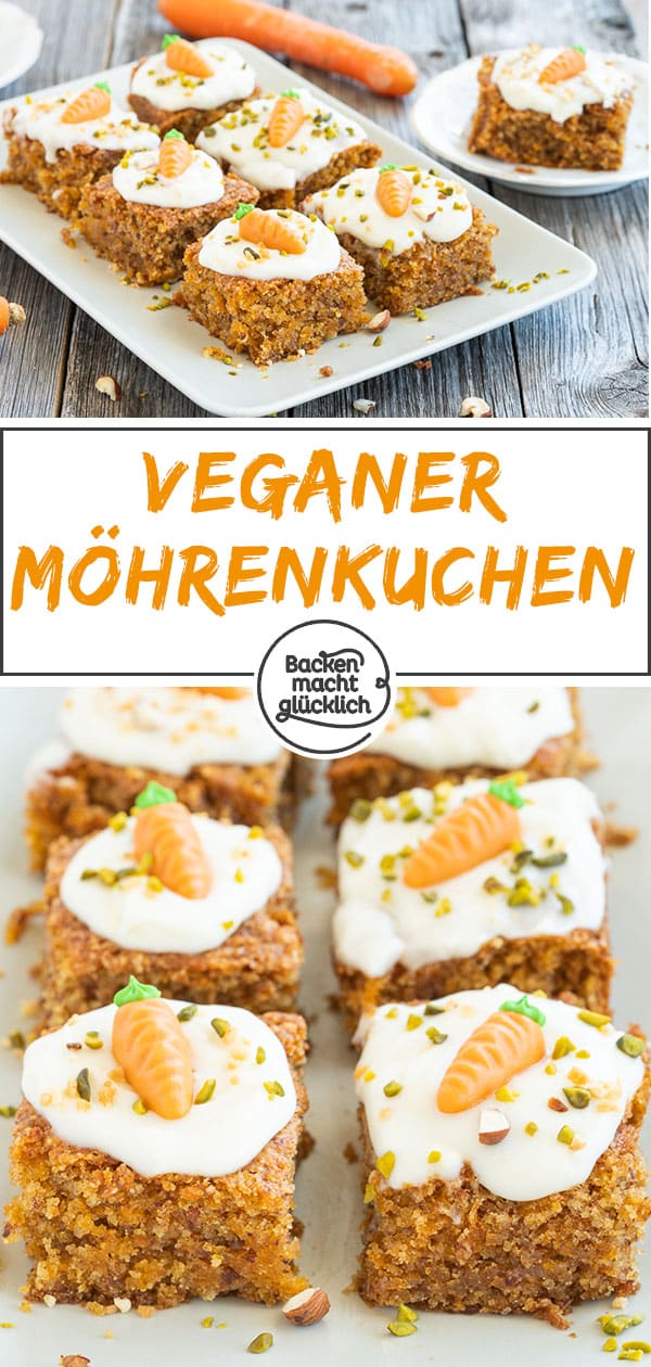 Herrlich saftig, aber ohne tierische Zutaten: Dieser vegane Möhrenkuchen ohne Ei, Butter und Milch steht dem klassischen Rüblikuchen in nichts nach!