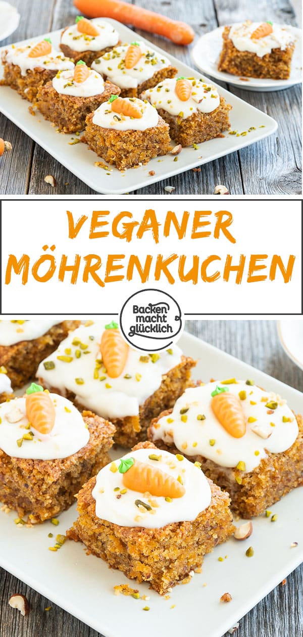 Herrlich saftig, aber ohne tierische Zutaten: Dieser vegane Möhrenkuchen ohne Ei, Butter und Milch steht dem klassischen Rüblikuchen in nichts nach!