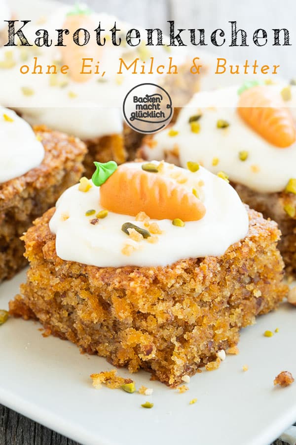 Herrlich saftig, aber ohne tierische Zutaten: Dieser vegane Möhrenkuchen ohne Ei, Butter und Milch steht dem klassischen Rüblikuchen in nichts nach!