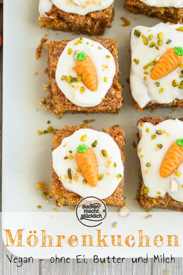 Herrlich saftig, aber ohne tierische Zutaten: Dieser vegane Möhrenkuchen ohne Ei, Butter und Milch steht dem klassischen Rüblikuchen in nichts nach!