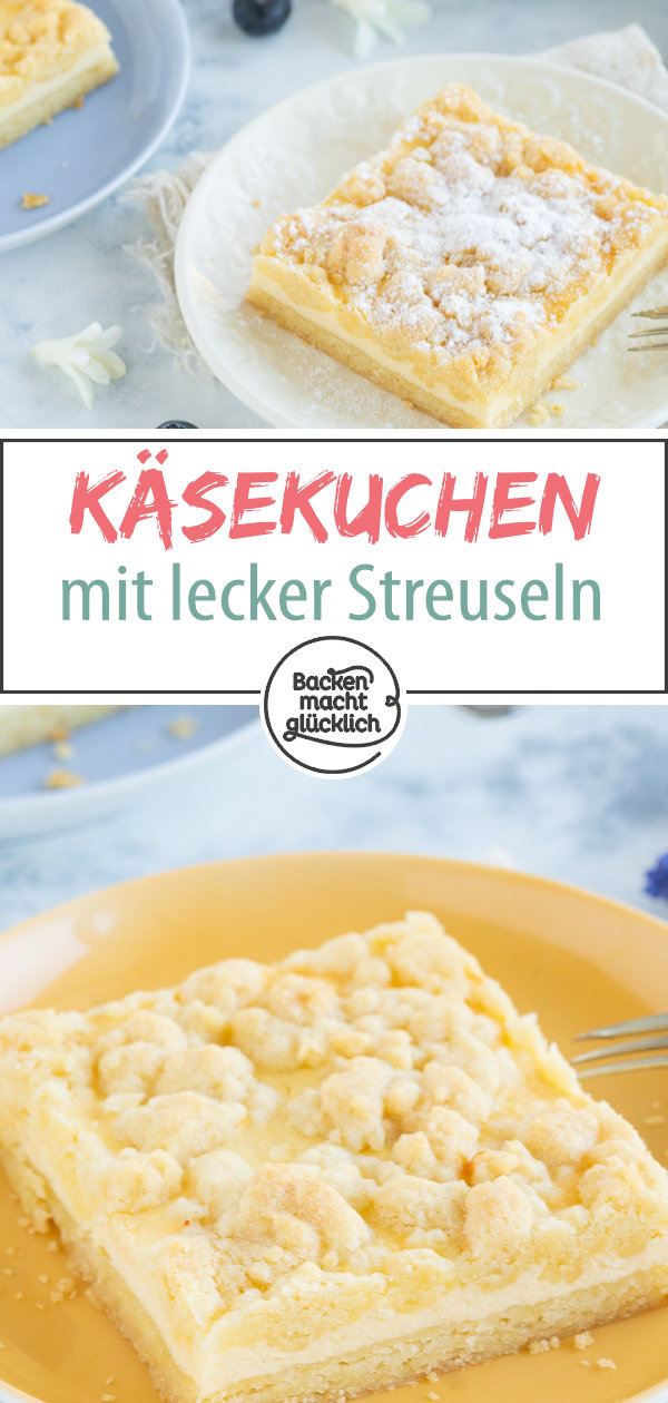 Ein einfacher, schneller Käse-Streusel-Kuchen vom Blech, der Groß und Klein schmeckt. Die Kombination aus saftigem Quarkkuchen und knusprigen Streuseln ist verführerisch gut!