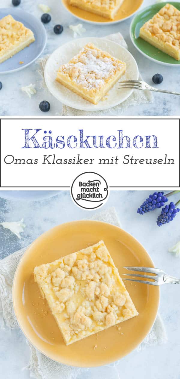 Ein einfacher, schneller Käse-Streusel-Kuchen vom Blech, der Groß und Klein schmeckt. Die Kombination aus saftigem Quarkkuchen und knusprigen Streuseln ist verführerisch gut!