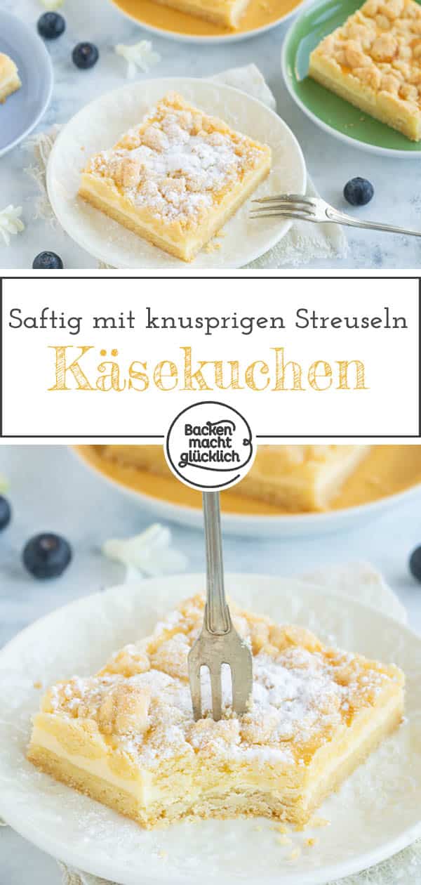 Ein einfacher, schneller Käse-Streusel-Kuchen vom Blech, der Groß und Klein schmeckt. Die Kombination aus saftigem Quarkkuchen und knusprigen Streuseln ist verführerisch gut!