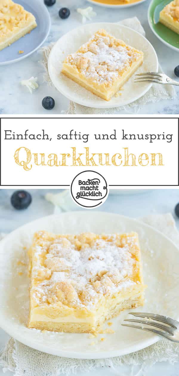 Ein einfacher, schneller Käse-Streusel-Kuchen vom Blech, der Groß und Klein schmeckt. Die Kombination aus saftigem Quarkkuchen und knusprigen Streuseln ist verführerisch gut!