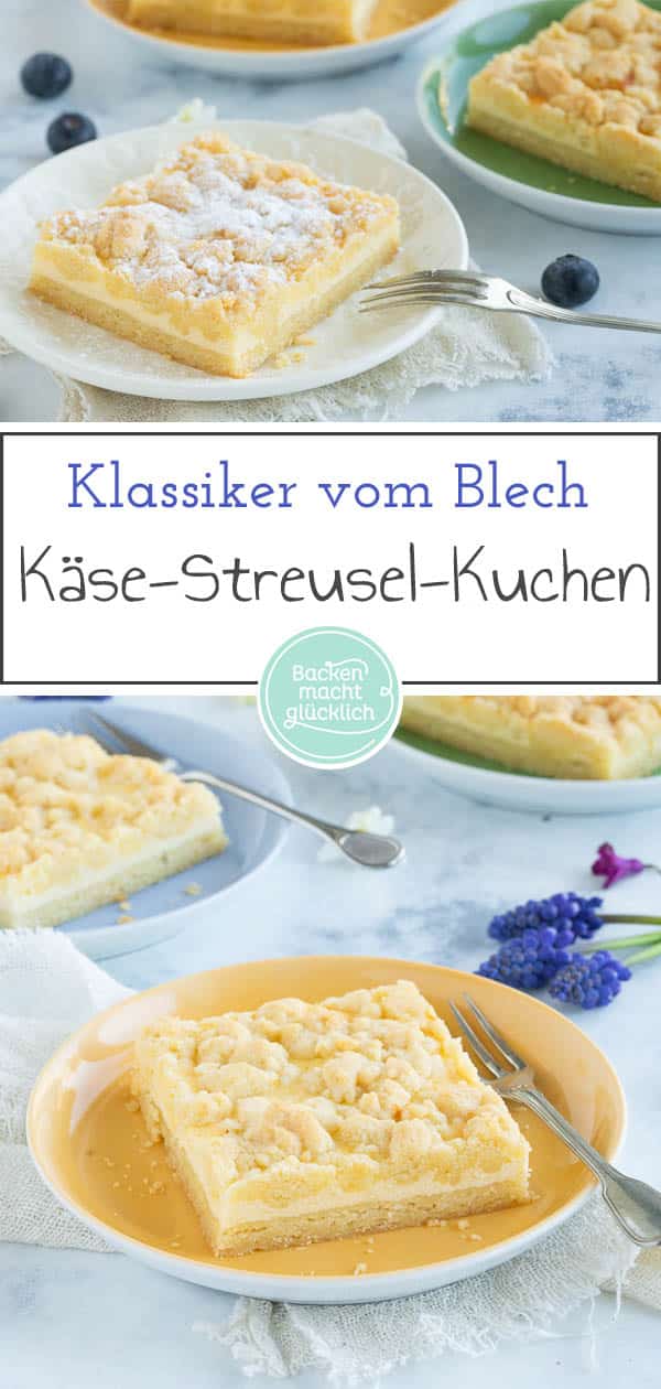 Ein einfacher, schneller Käse-Streusel-Kuchen vom Blech, der Groß und Klein schmeckt. Die Kombination aus saftigem Quarkkuchen und knusprigen Streuseln ist verführerisch gut!