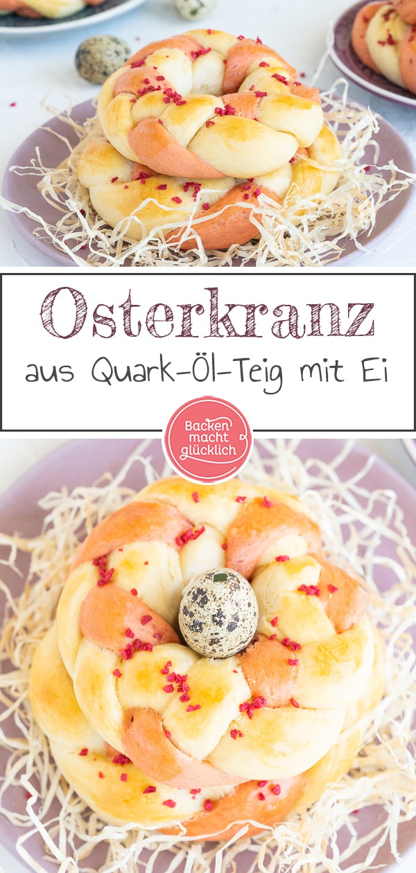 Die leckeren Osterkränze aus Quarkteig sind eine tolle Alternative, wenn man Osternester ohne Hefe backen will. Super schnell & richtig hübsch!