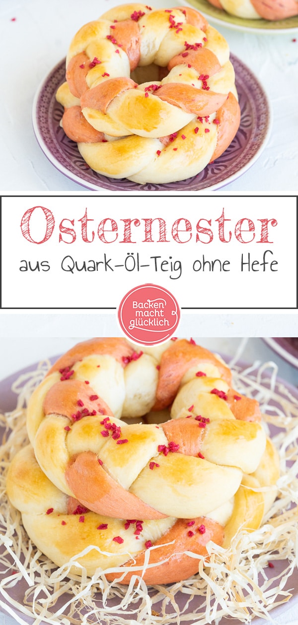 Die leckeren Osterkränze aus Quarkteig sind eine tolle Alternative, wenn man Osternester ohne Hefe backen will. Super schnell & richtig hübsch!