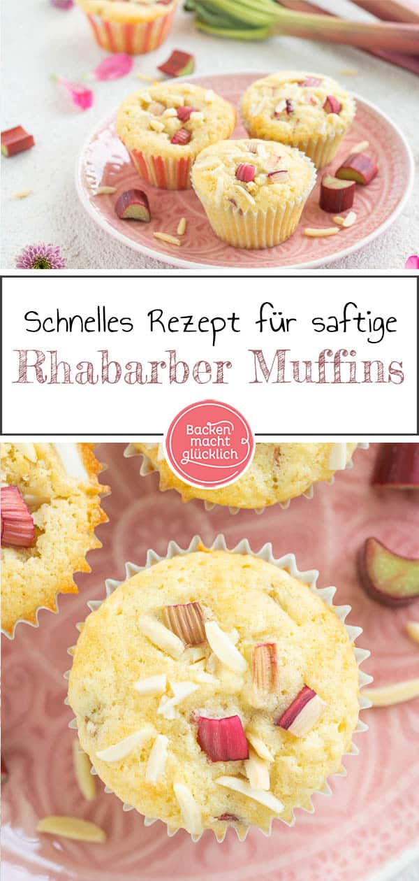 Die leckeren Rhabarbermuffins machen mit ihrer einzigartigen Mischung aus süßem und leicht säuerlichem Geschmack richtig Lust auf Frühling. Noch dazu sind die fluffigen Muffins mit Rhabarber und Mandelsplittern im Handumdrehen fertig gebacken. #muffins #rhabarber #rhabarbermuffins #frühling #rezeptemitrhabarber #backenmachtglücklich