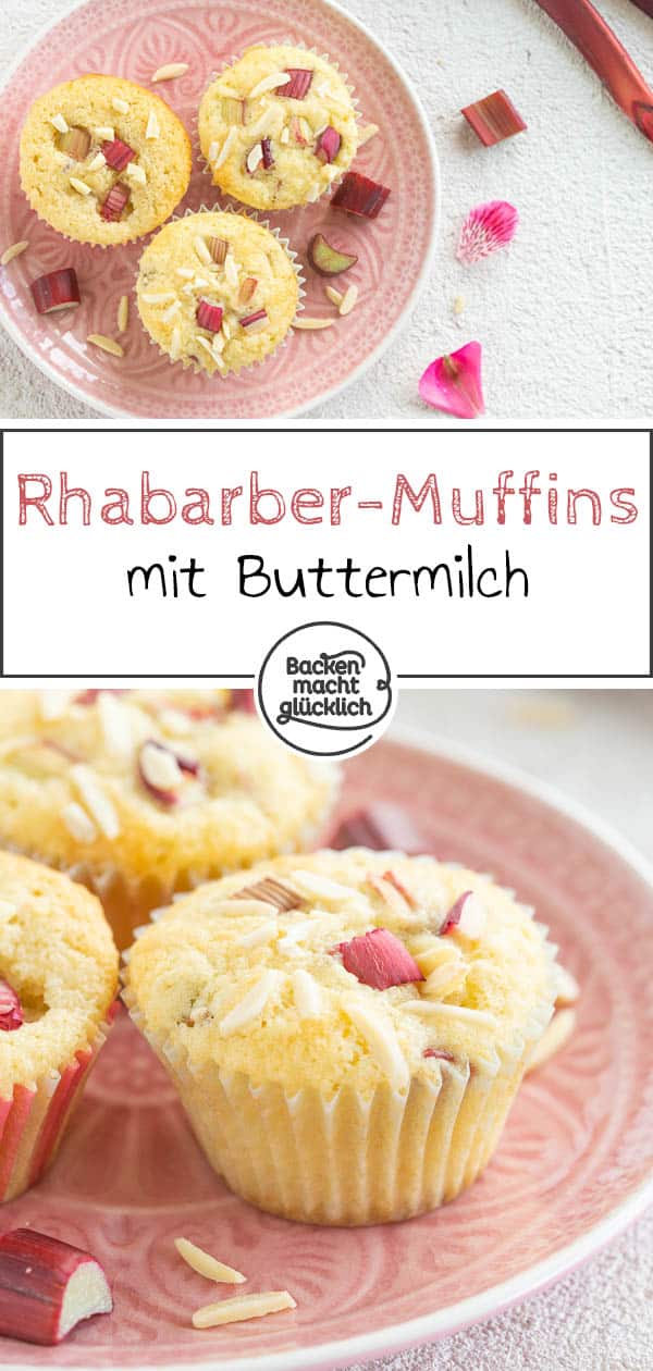 Die leckeren Rhabarbermuffins machen mit ihrer einzigartigen Mischung aus süßem und leicht säuerlichem Geschmack richtig Lust auf Frühling. Noch dazu sind die fluffigen Muffins mit Rhabarber und Mandelsplittern im Handumdrehen fertig gebacken. #muffins #rhabarber #rhabarbermuffins #frühling #rezeptemitrhabarber #backenmachtglücklich