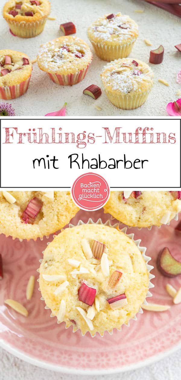 Die leckeren Rhabarbermuffins machen mit ihrer einzigartigen Mischung aus süßem und leicht säuerlichem Geschmack richtig Lust auf Frühling. Noch dazu sind die fluffigen Muffins mit Rhabarber und Mandelsplittern im Handumdrehen fertig gebacken. #muffins #rhabarber #rhabarbermuffins #frühling #rezeptemitrhabarber #backenmachtglücklich