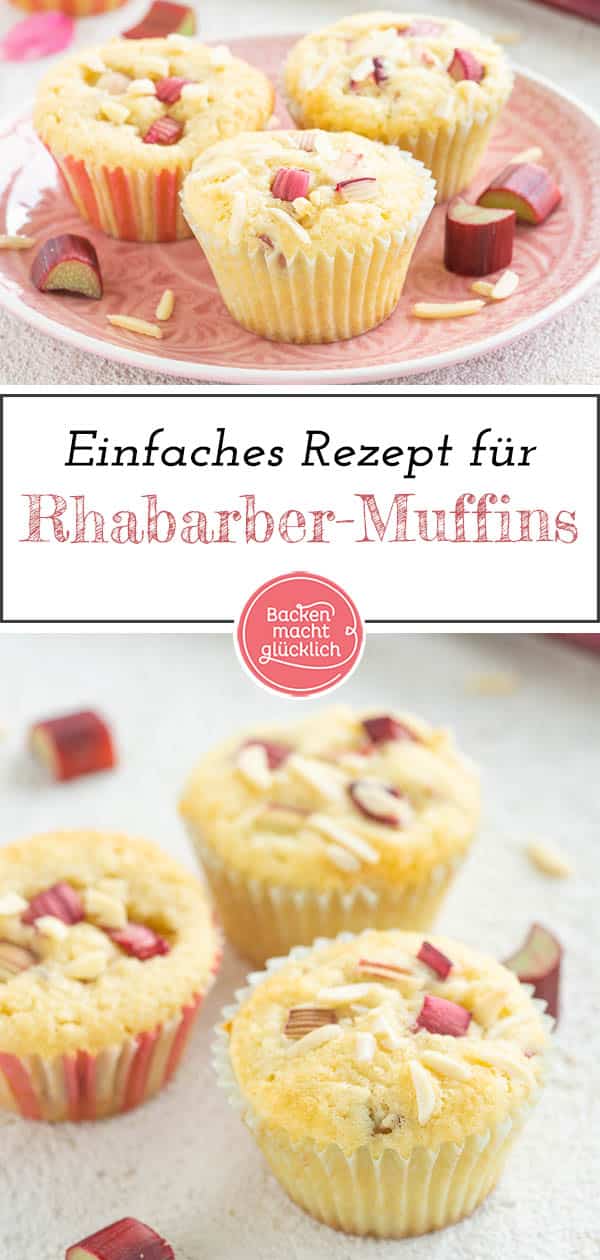 Die leckeren Rhabarbermuffins machen mit ihrer einzigartigen Mischung aus süßem und leicht säuerlichem Geschmack richtig Lust auf Frühling. Noch dazu sind die fluffigen Muffins mit Rhabarber und Mandelsplittern im Handumdrehen fertig gebacken. #muffins #rhabarber #rhabarbermuffins #frühling #rezeptemitrhabarber #backenmachtglücklich