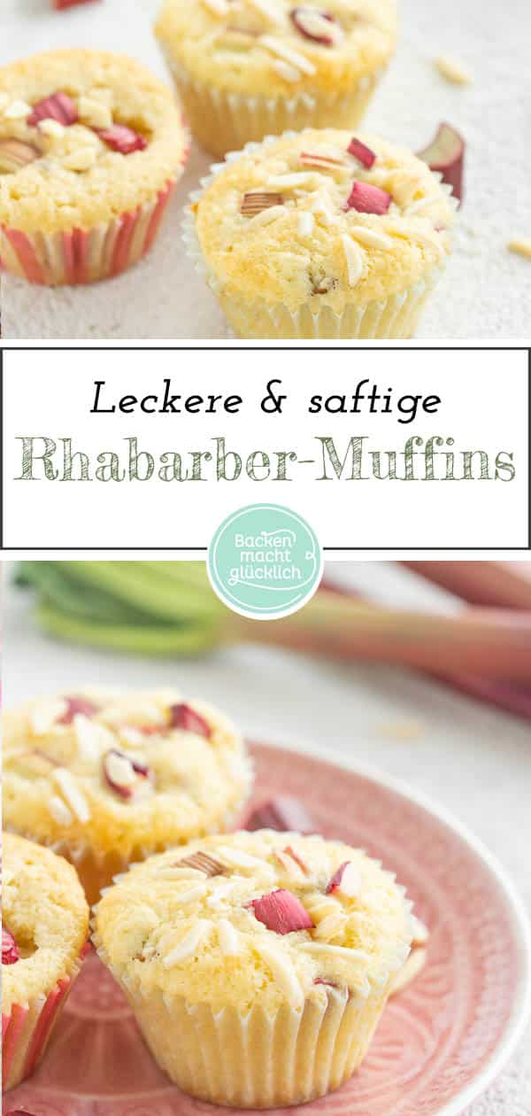 Die leckeren Rhabarbermuffins machen mit ihrer einzigartigen Mischung aus süßem und leicht säuerlichem Geschmack richtig Lust auf Frühling. Noch dazu sind die fluffigen Muffins mit Rhabarber und Mandelsplittern im Handumdrehen fertig gebacken. #muffins #rhabarber #rhabarbermuffins #frühling #rezeptemitrhabarber #backenmachtglücklich