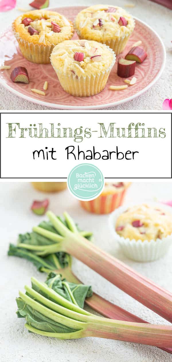 Die leckeren Rhabarbermuffins machen mit ihrer einzigartigen Mischung aus süßem und leicht säuerlichem Geschmack richtig Lust auf Frühling. Noch dazu sind die fluffigen Muffins mit Rhabarber und Mandelsplittern im Handumdrehen fertig gebacken. #muffins #rhabarber #rhabarbermuffins #frühling #rezeptemitrhabarber #backenmachtglücklich