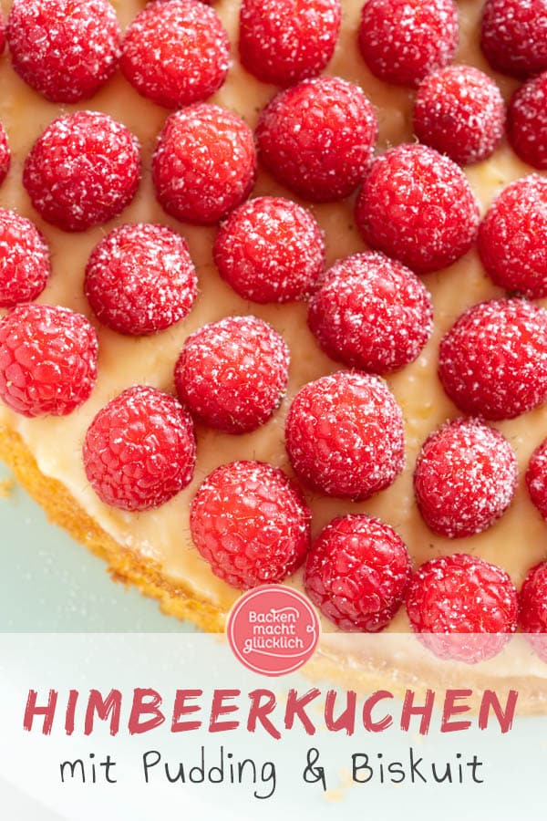 Wie wäre es mal mit einem köstlichen Himbeer-Pudding-Kuchen? Dieses super einfache Rezept für Himbeerkuchen mit Biskuit und leckerem Vanillepudding kommt wirklich bei jedem gut an!  #himbeerkuchen #himbeeren #kuchen #einfach #himbeerkuchenmitpudding #backenmachtglücklich