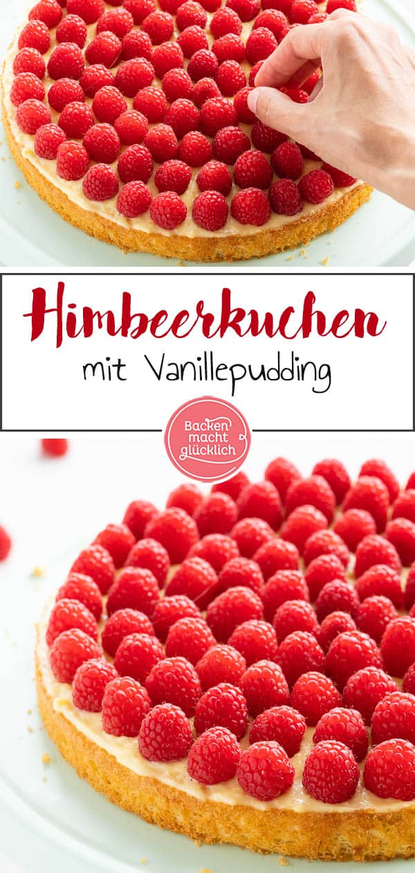 Wie wäre es mal mit einem köstlichen Himbeer-Pudding-Kuchen? Dieses super einfache Rezept für Himbeerkuchen mit Biskuit und leckerem Vanillepudding kommt wirklich bei jedem gut an!  #himbeerkuchen #himbeeren #kuchen #einfach #himbeerkuchenmitpudding #backenmachtglücklich